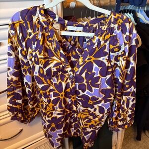 Karlie skort set L purple and gold print blouse and smocked waist skort